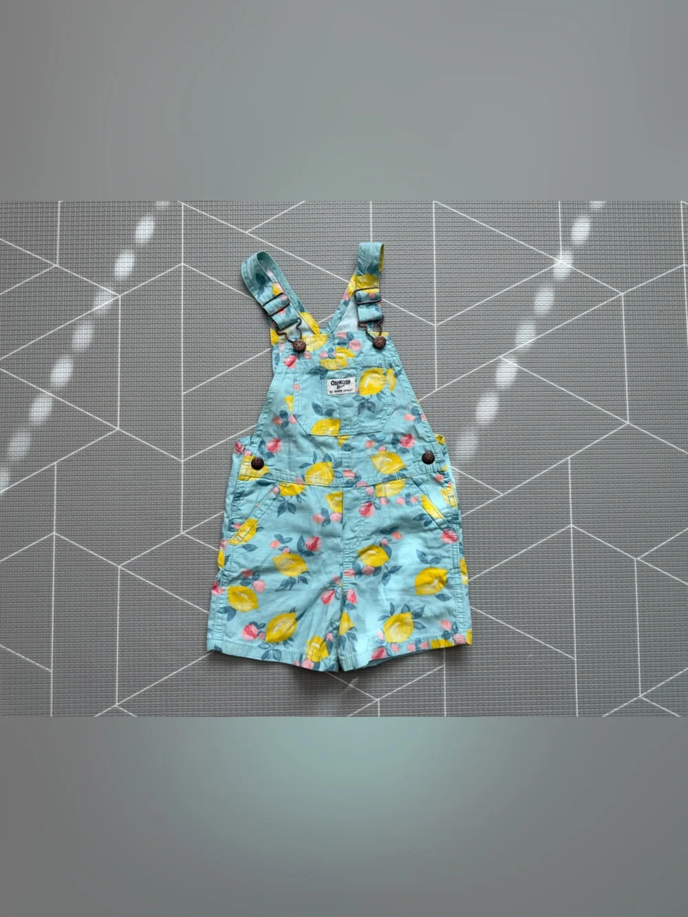 OshKosh B'gosh|Baby girl/toddler Blue Lemon Print Shortalls overalls•Novelty 4T